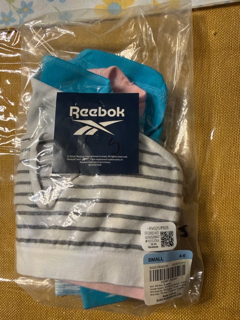Reebok Girls- 5 Pack Underwear in White, Gray, Blue, Pink, and stripes.